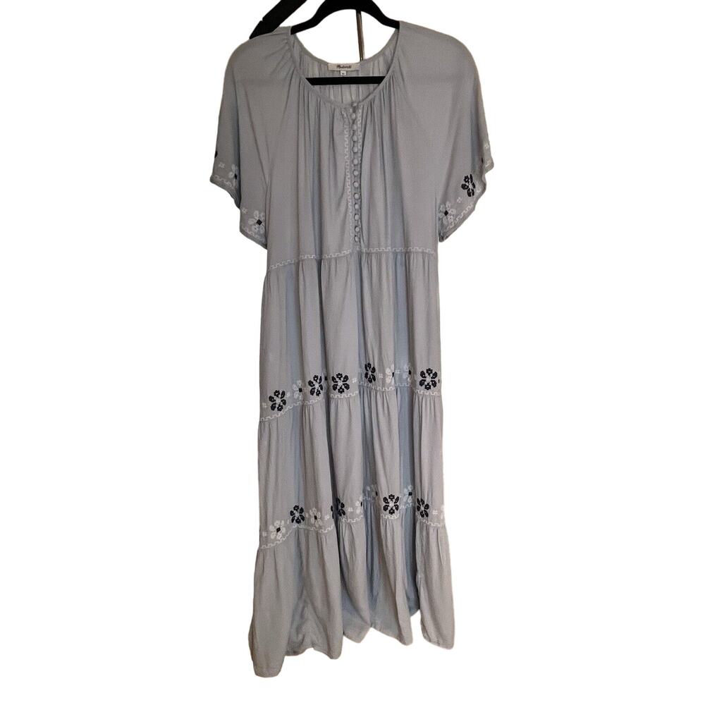 Madewell Midi Dress Womens XL Embroidered Short Flutter Sleeve Tiered Maxi Linen